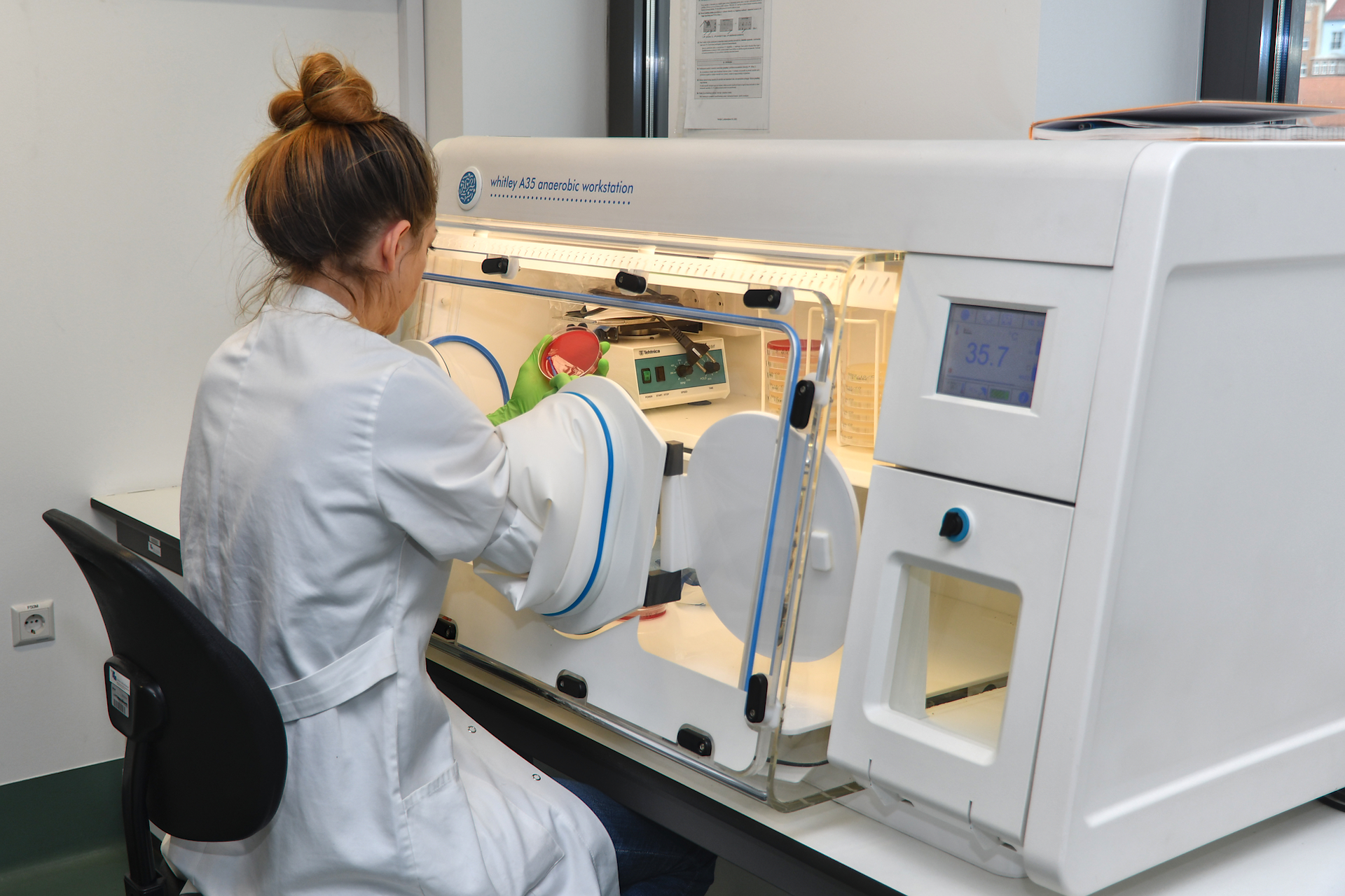 Raziskovalka v zaščitnih rokavicah obdeluje vzorce v zaprti laboratorijski komori.