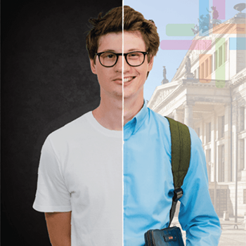 Collage eines Studenten in Alltagskleidung und medizinischer Dienstkleidung.