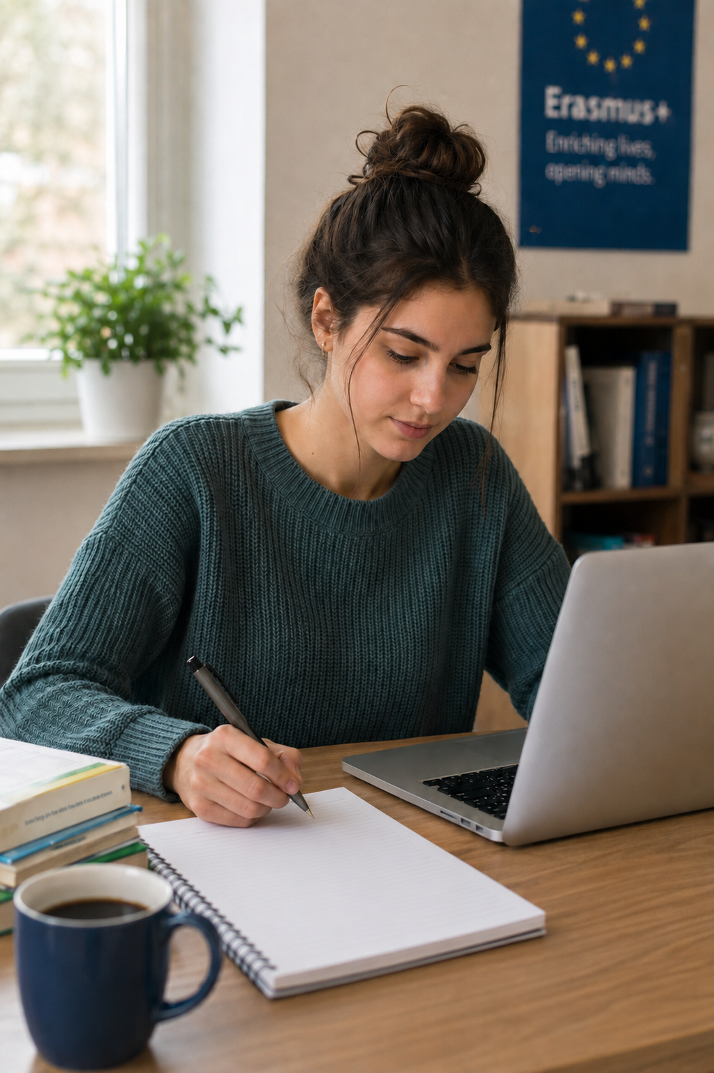 Eine Studentin macht sich Notizen neben einem Laptop und Büchern.