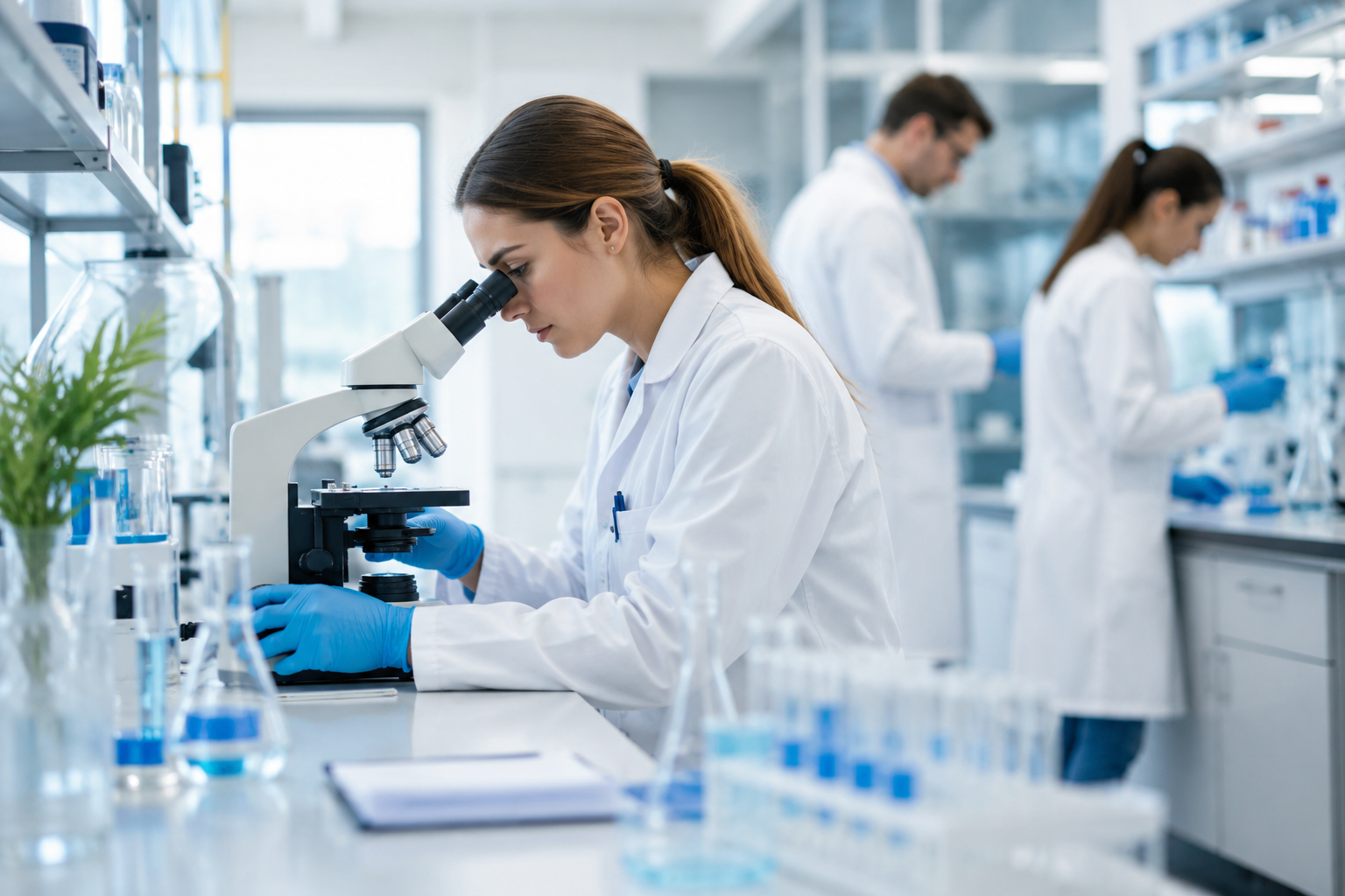 Raziskovalka z mikroskopom pri delu v laboratoriju.