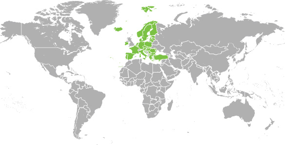 Karte der Erasmus+-Programmländer; die teilnehmenden europäischen Länder sind grün markiert.